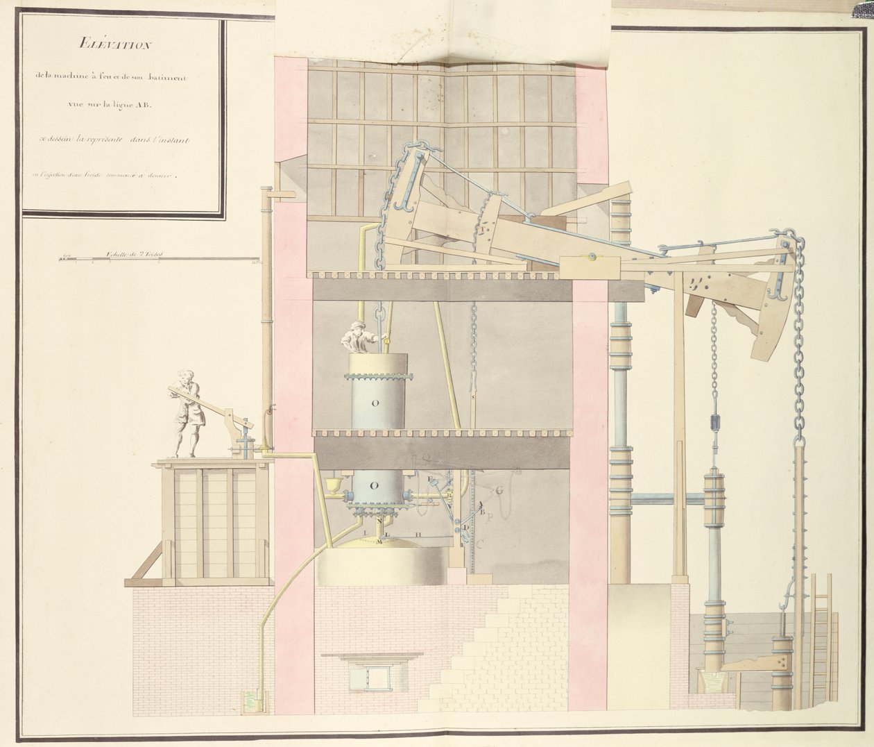 Tvärsnitt av en ångmaskin för att utvinna vatten från gruvor, ca 1760 (penna & bläck och wc på papper) av French School