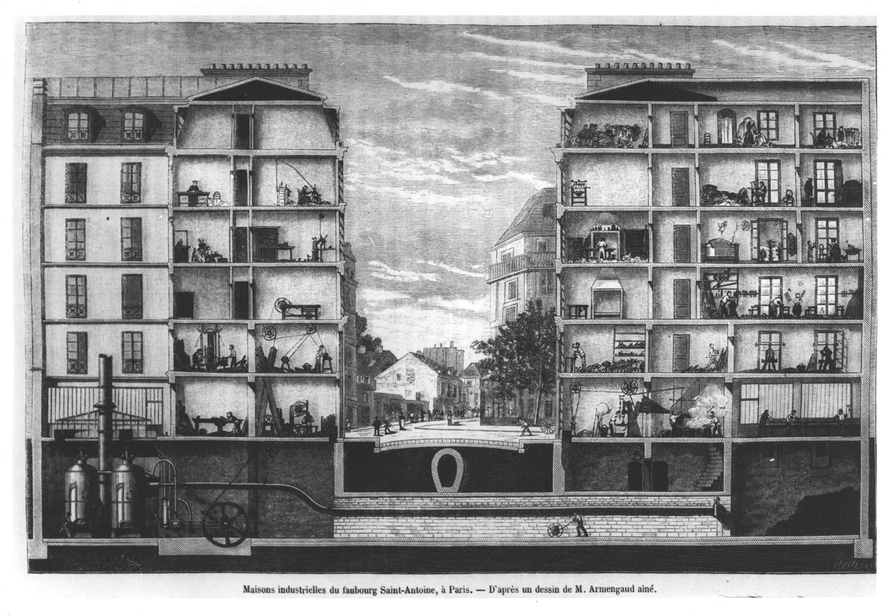 Tvärsnitt av industrihus i Faubourg Saint-Antoine i Paris, illustration från Le Magasin Pittoresque, 1885 av French School
