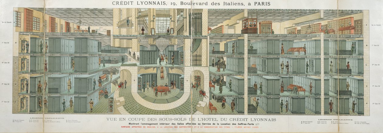 Tvärsnitt av källaren på Credit Lyonnais, 19 Boulevard des Italiens, ca 1878-82 av French School