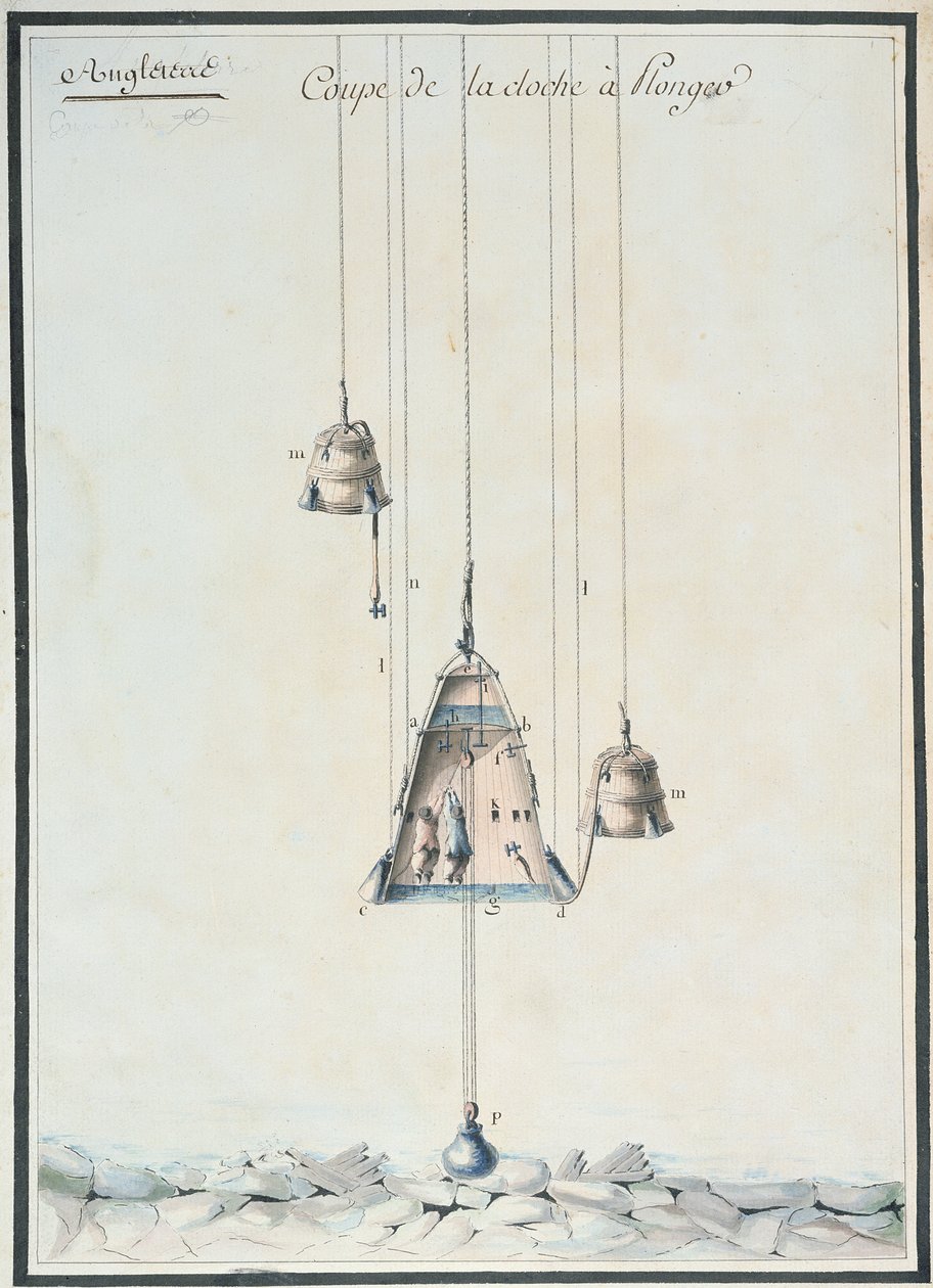 Tvärsnittsritning av en dykarklocka, 1785 (wc på papper) av French School