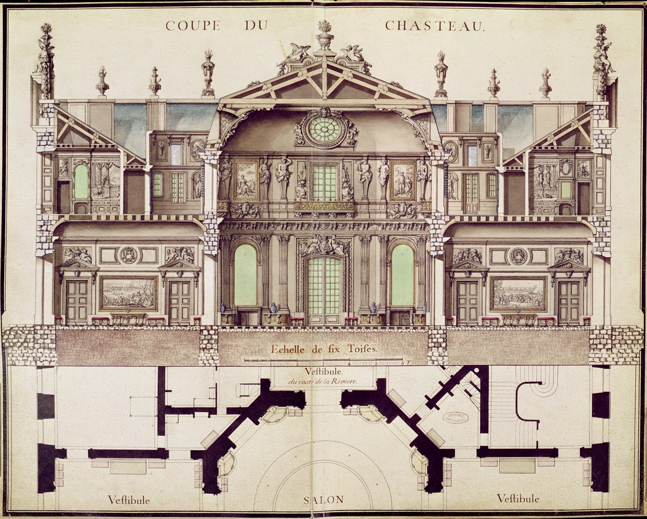 Tvärsnittsplan av Chateau de Marly, 1714 av French School