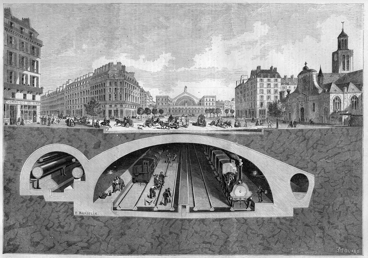 Tvärsnitt som representerar tunnelbaneprojektet i Paris, från Vilette till de centrala hallarna, 1861. Gravyr i "" Le Monde Illustré"" nr 213 av 11 maj 1861. av French School