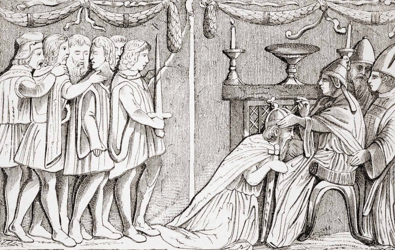 Krönandet av Sigismund till den helige romerske kejsaren av påven Eugene IV 1433, från L"Histoire Universelle Ancienne et Moderne, publicerad i Strasbourg ca 1860 av French School