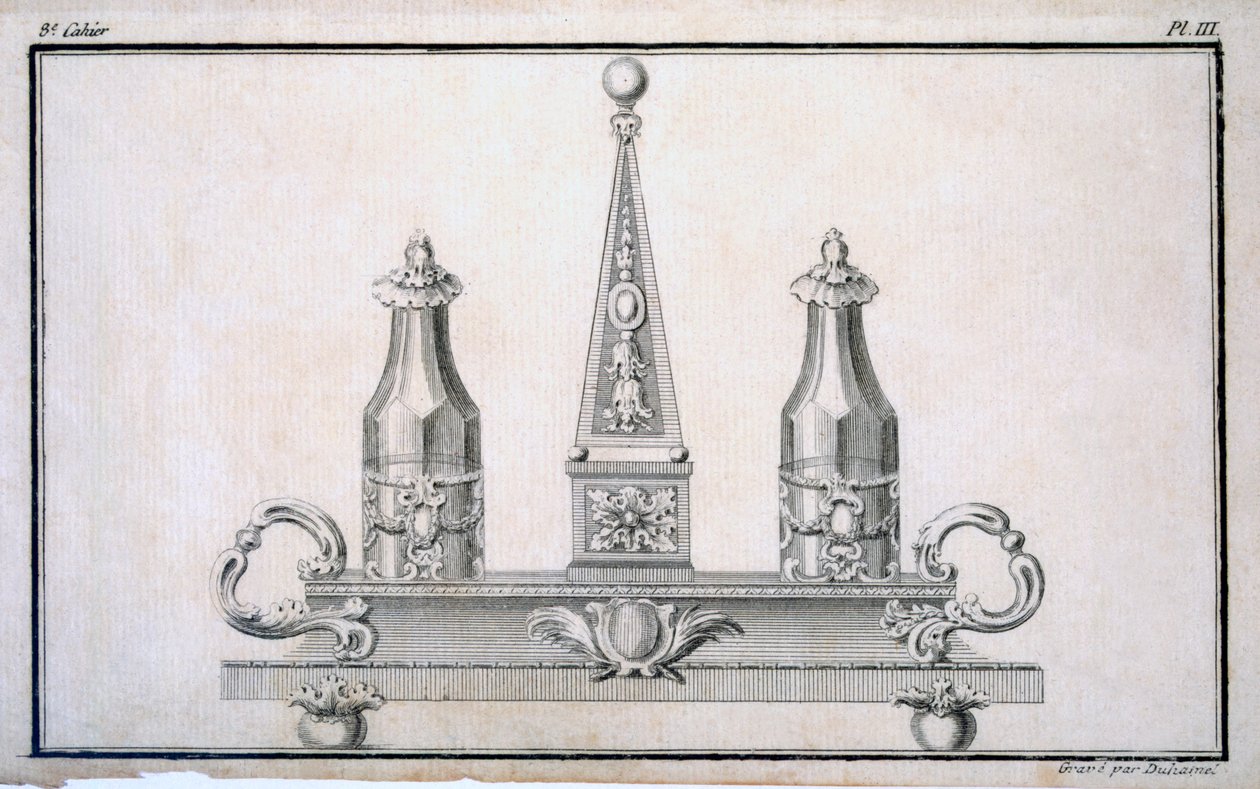 Cruet-set på stativ, från en mönsterbok med neoklassiska metalldesigner sammansatta av Duhamel, ca 1770-80-talet av French School