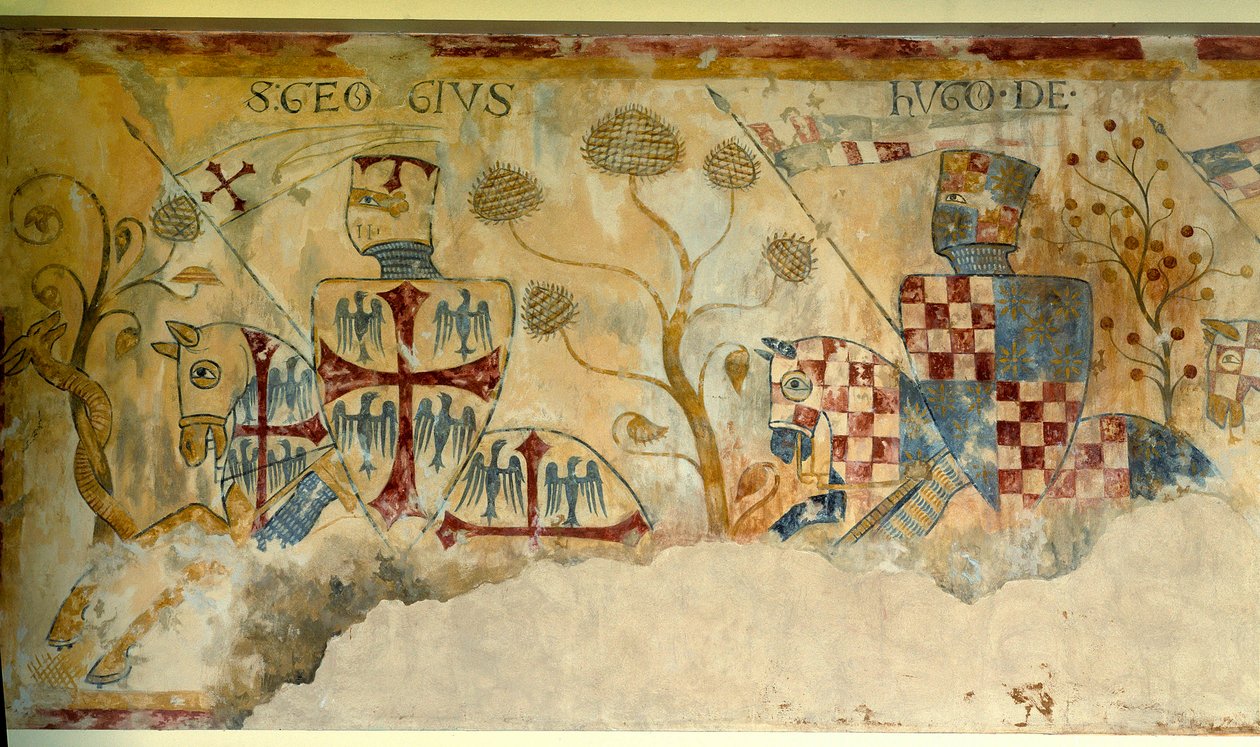 Korståg: avgång från riddarna för korståget: representation av Saint George och Hugh I av Vermandois (1057-1102) (?) eller Hugh XII av Lusignan (?). Detalj av en fresk av Saint Jacques de Gueret av French School