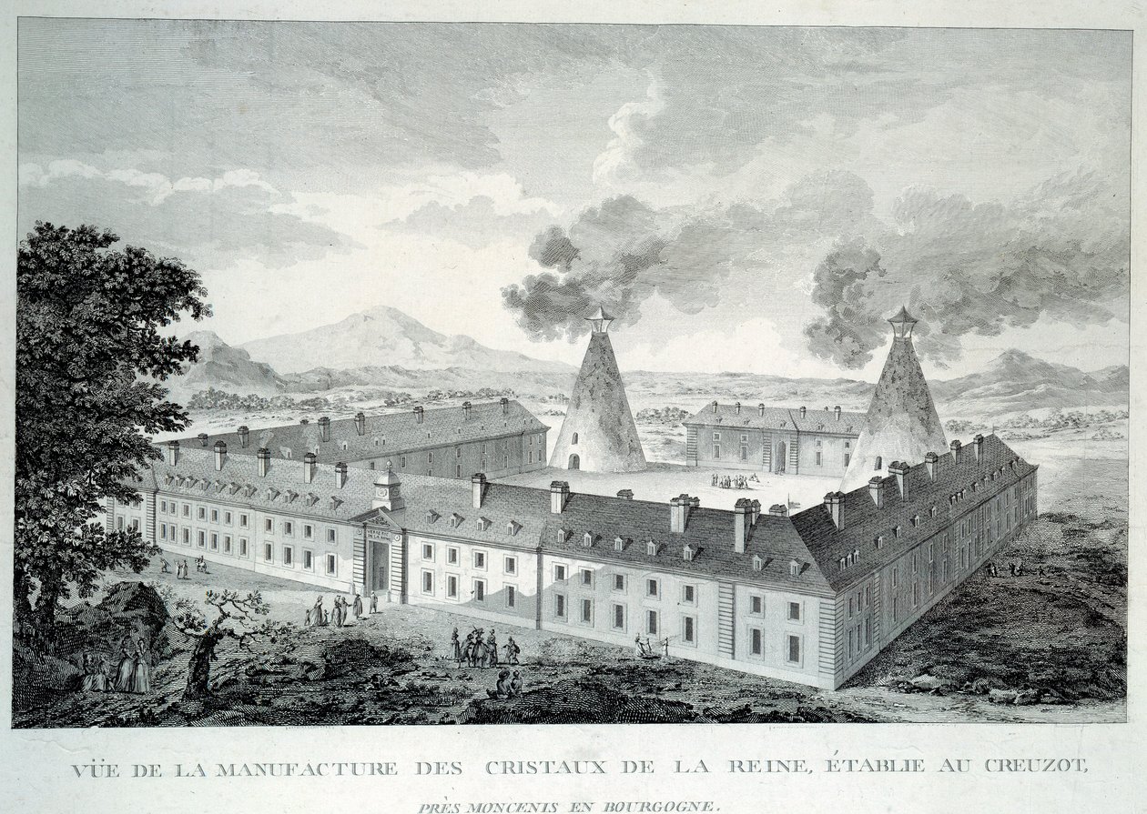 Kristallverk av drottning Marie Antoinette på Creusot nära Moncenis i Bourgogne. Gravyr från 1787. Le Creusot, Ecomusee av French School