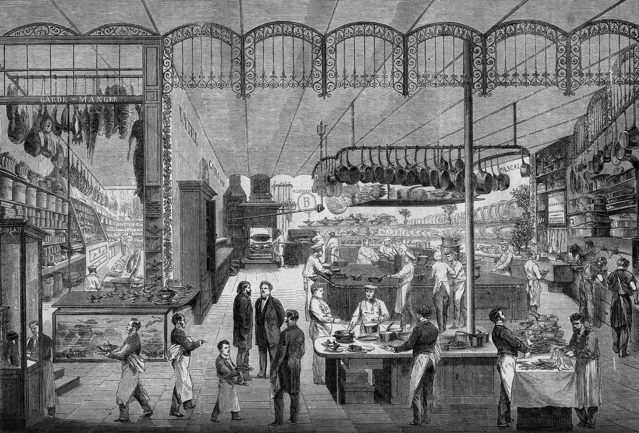Kockar och servitörer på jobbet i köken på Café Riche, i Paris, 1866. Gravyr i ""Le Monde Illustre"" nr 499 den 3 november 1866. av French School