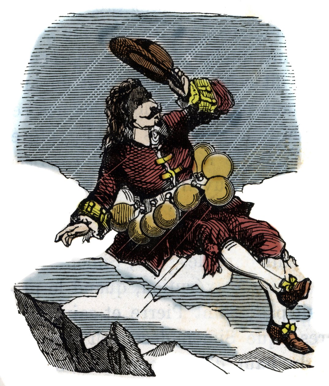 Cyrano de Bergerac reser sig på himlen tack vare flaskor med rosee och resa till månen, illustration av romanen av Hercules Savinien Cyrano de Bergerac (1619-1655): "" Den andra världen" av French School
