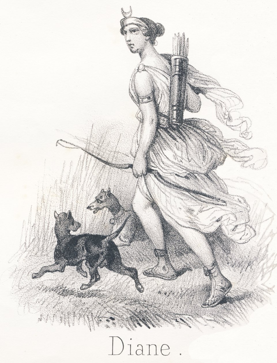 D Diana: Tvillingsyster till Apollo I himlen, hon var Phebe eller Månen, med uppgift att lysa upp jorden I helvetet, hon var Hecate och presiderade över själars domar På jorden var hon Diana, jaktens gudinna av French School