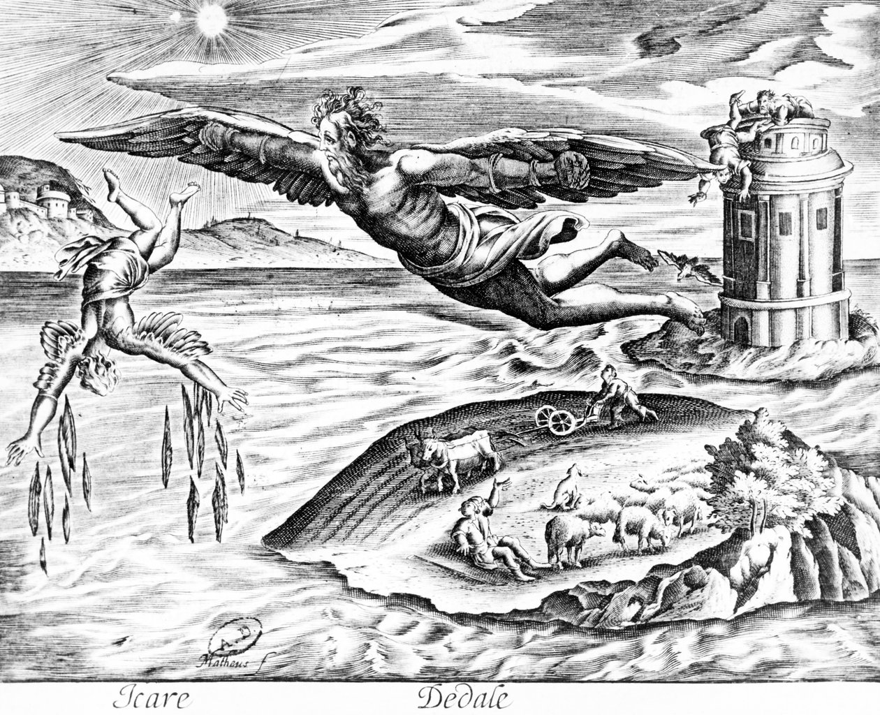 Daedalus flyr från Kreta med sin son, Ikaros, ser honom falla till sin död, 1619 av French School