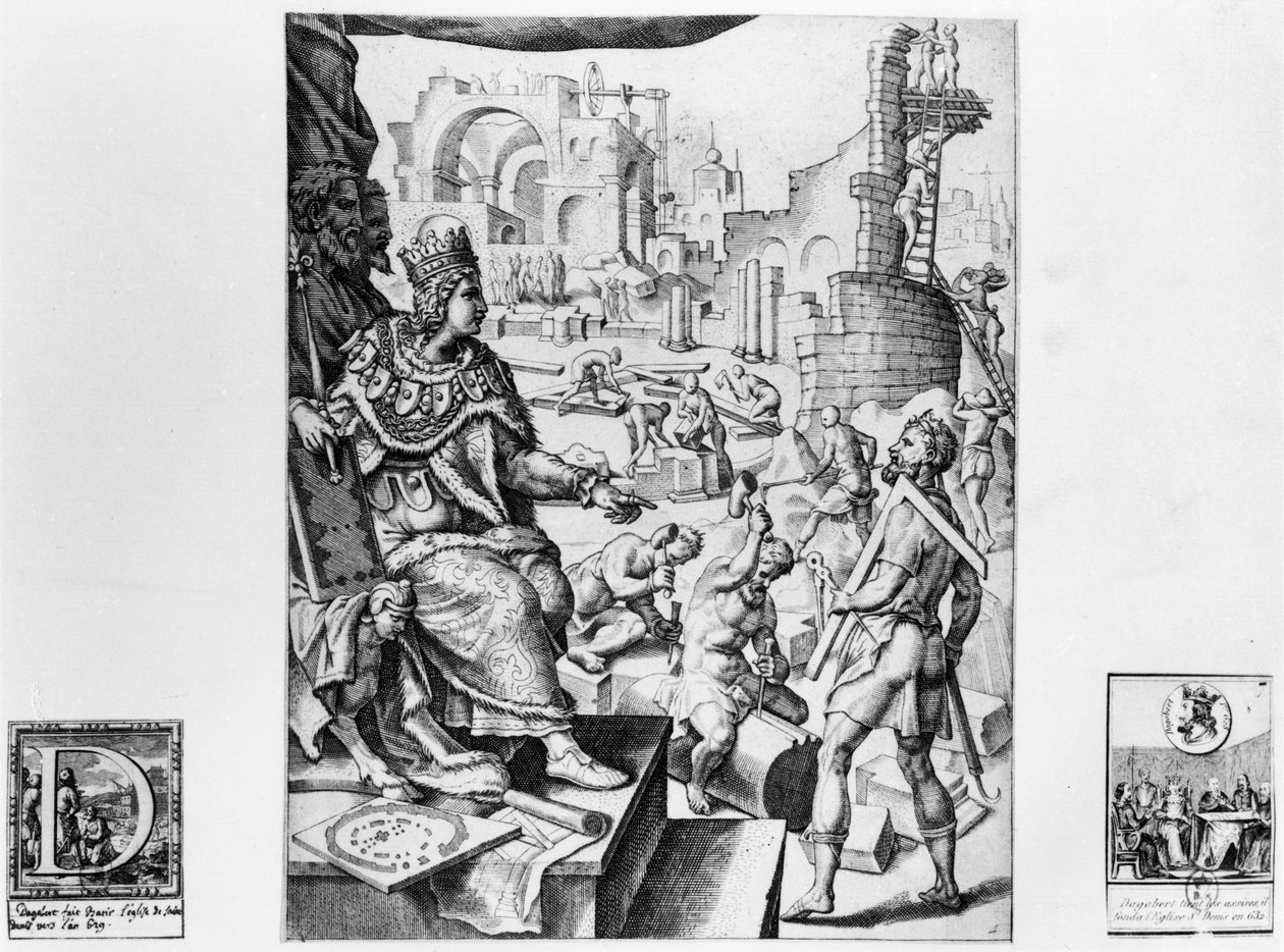 Dagobert I (605-39), Frankernas kung, övervakar byggnaden av Basilique Saint-Denis av French School