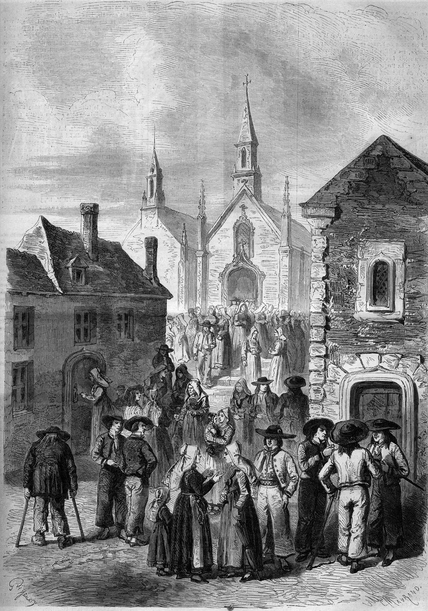 Det dagliga livet i Bretagne: utgång från kyrkan Locmine av French School