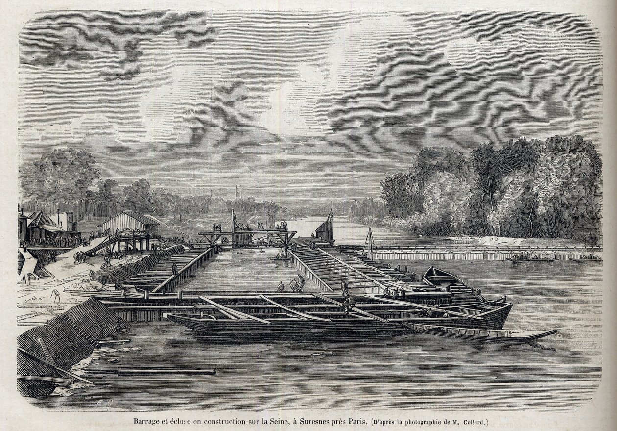Damm bröt ut på Seine i SURESNES 1866 - Gravyr - Le Monde Illustré 1866 av French School