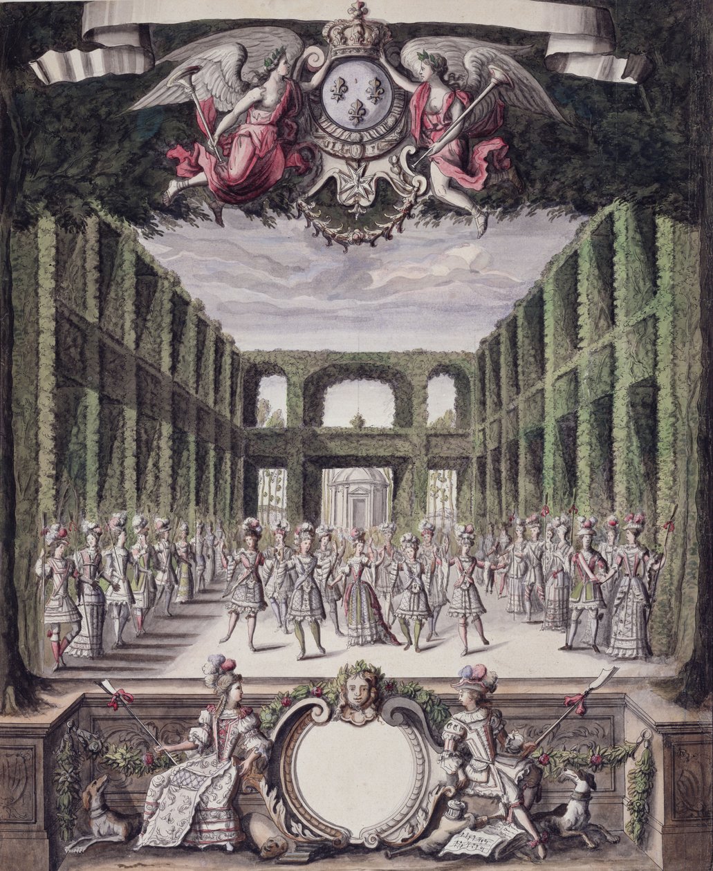 Dans i en formell trädgård, från en samling med titeln Les Menus Plaisirs du Roi (penna & bläck och wc på papper) av French School