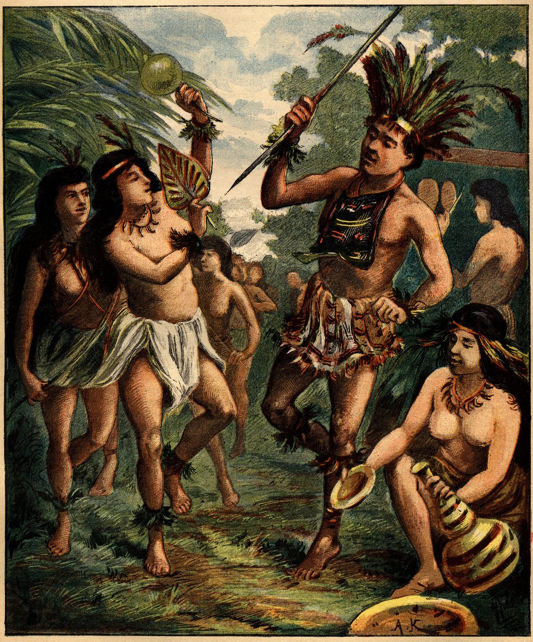 Dans av Roucouyan-indianer i Karibien. Gravyr i "" La Terre Illustree"" nr 77 av den 21 april 1892. av French School