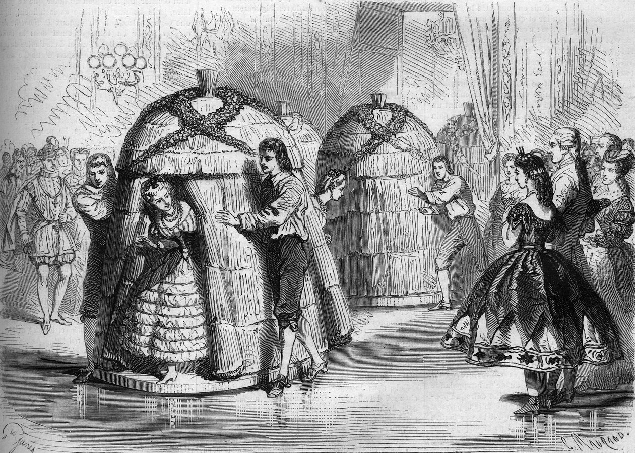 Dansshow på kostymbalen som ges av imponen Eugenie de Montijo: "The ankomst av bikuporna"". Fyra bi-dansare kommer ut ur bikuporna. Gravyr i "" Le Monde Illustré"" nr 305 av 14 februari 1863. av French School