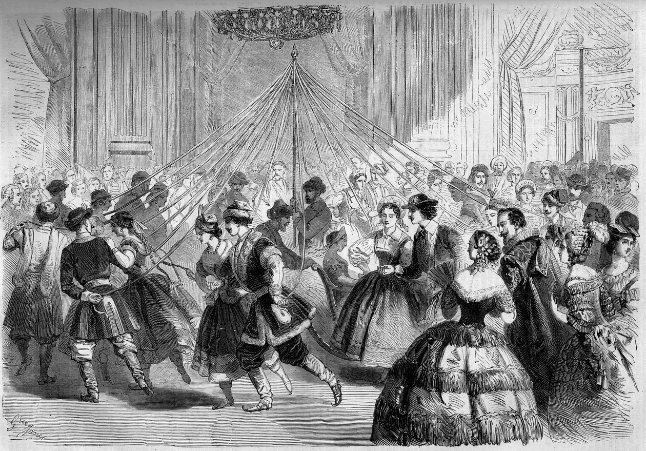 Dans: skridskonätet. Dansarna håller ett band vars ände är fäst vid en majplanta mitt i en cirkel. Scen vid balen given av greve Walewski 1861. Gravyr i "" Le Monde Illustré"" nr 202 av 23 februari 1861. av French School