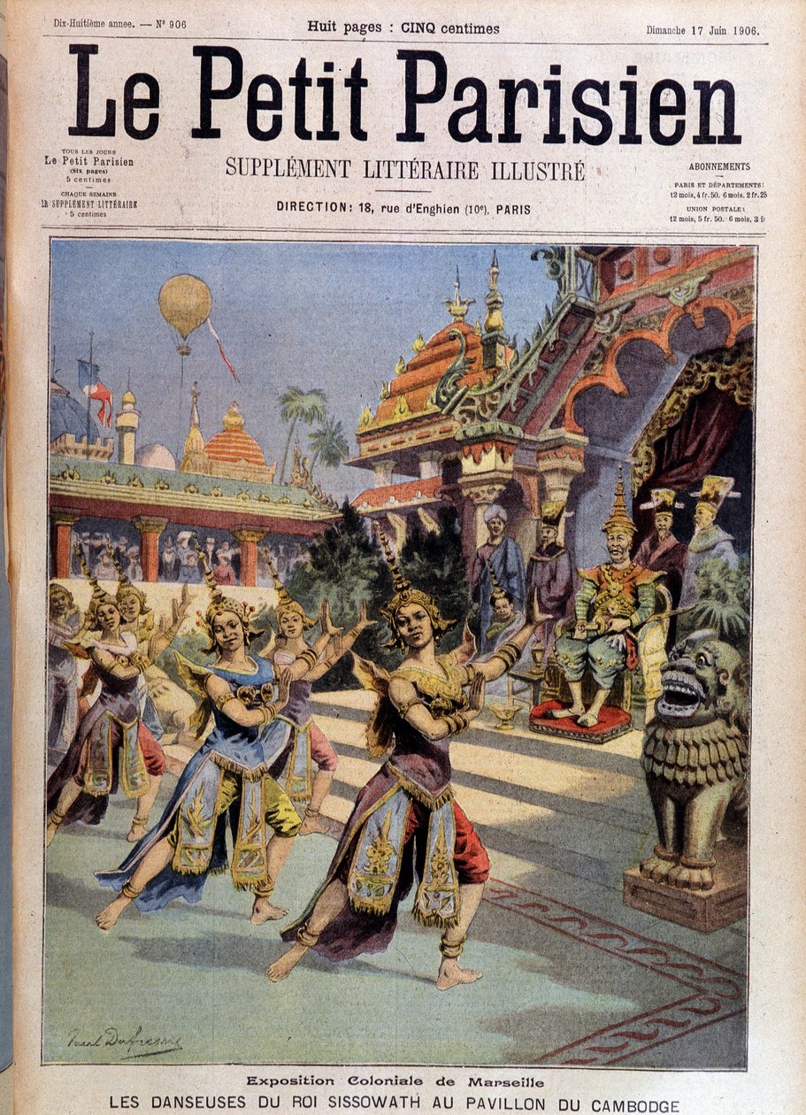 Dansare av kung Sissovath på paviljongen i Kambodja, kolonialutställning i Marseille - i "" Le Petite Parisien"" från 17/06/1906. av French School