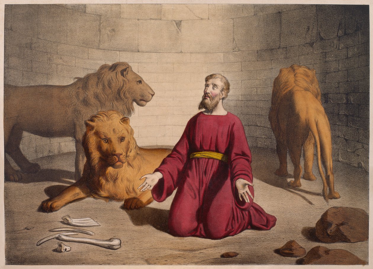 Daniel i lejonhålan, illustration från en katekes LHistoire Sainte, publicerad av Charles Delagrave, Paris, sent 1800-tal av French School