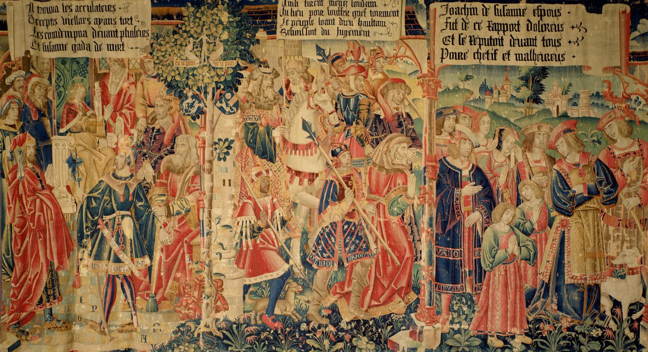 Daniel förhörde de äldste, de äldste ledde till att de avrättades och Susanna grät på väg till sin rättegång, högra panelen från Story of Susanna av French School