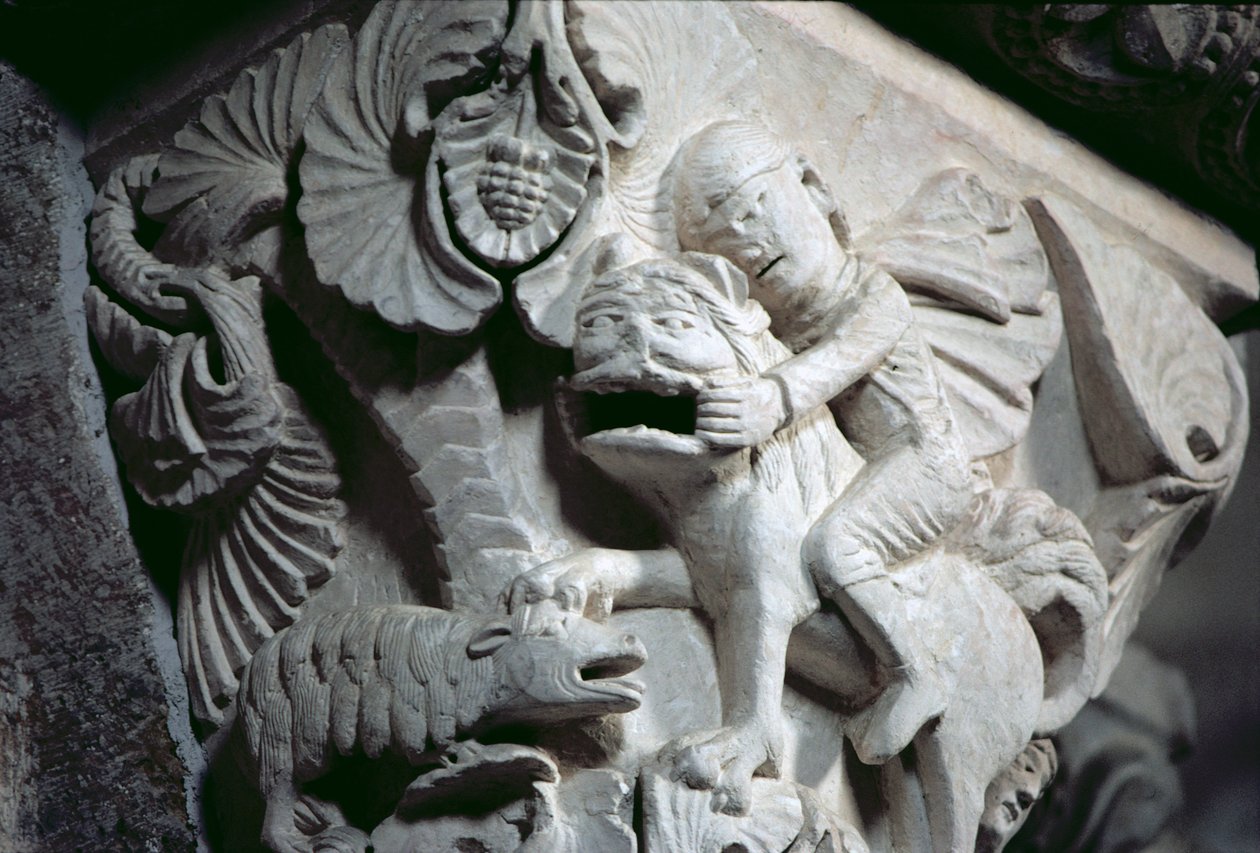 David Slaying the Lion (detalj av en huvudstad) c.1130 (sten) av French School