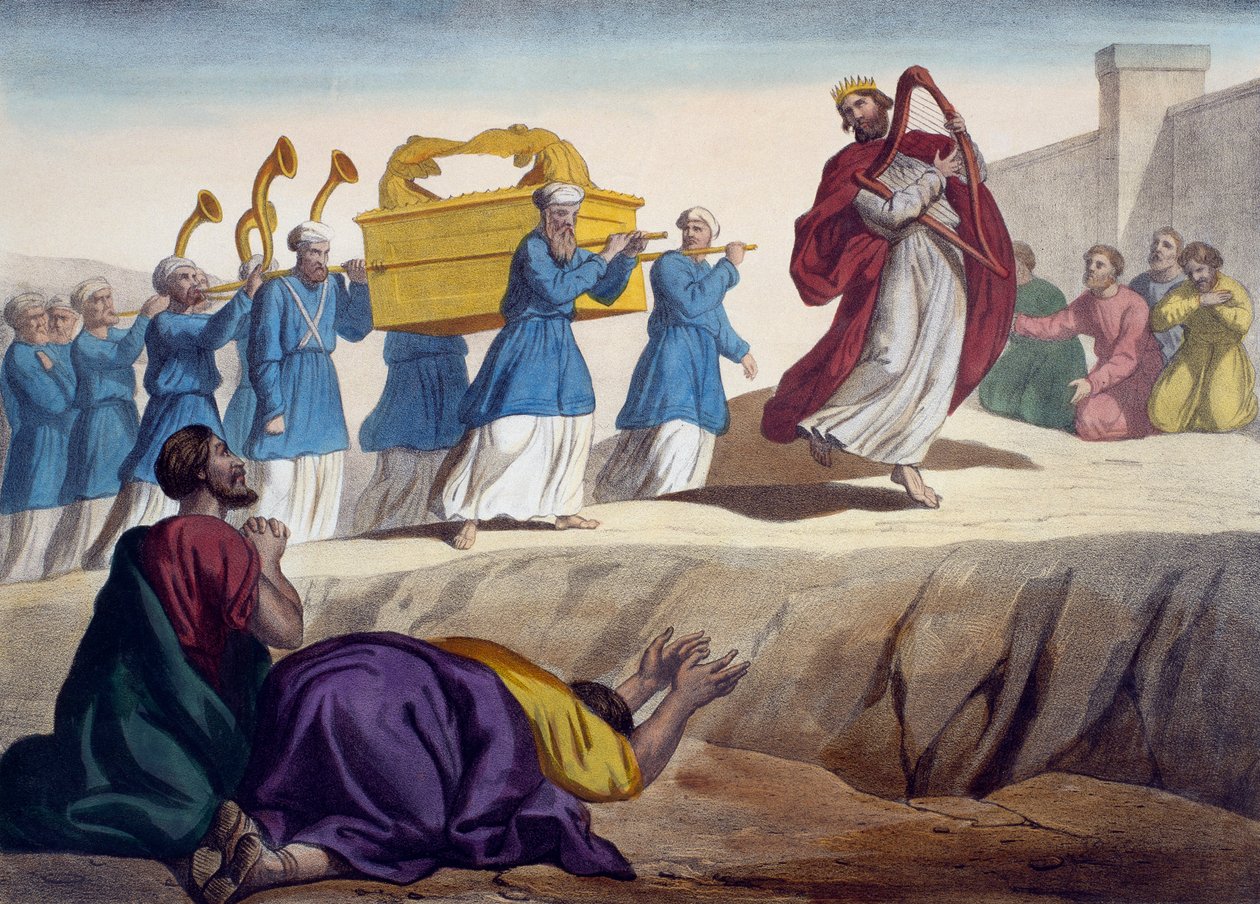 David eskorterar förbundsarken till Jerusalem, illustration från en katekes LHistoire Sainte, publicerad av Charles Delagrave, Paris, sent 1800-tal av French School