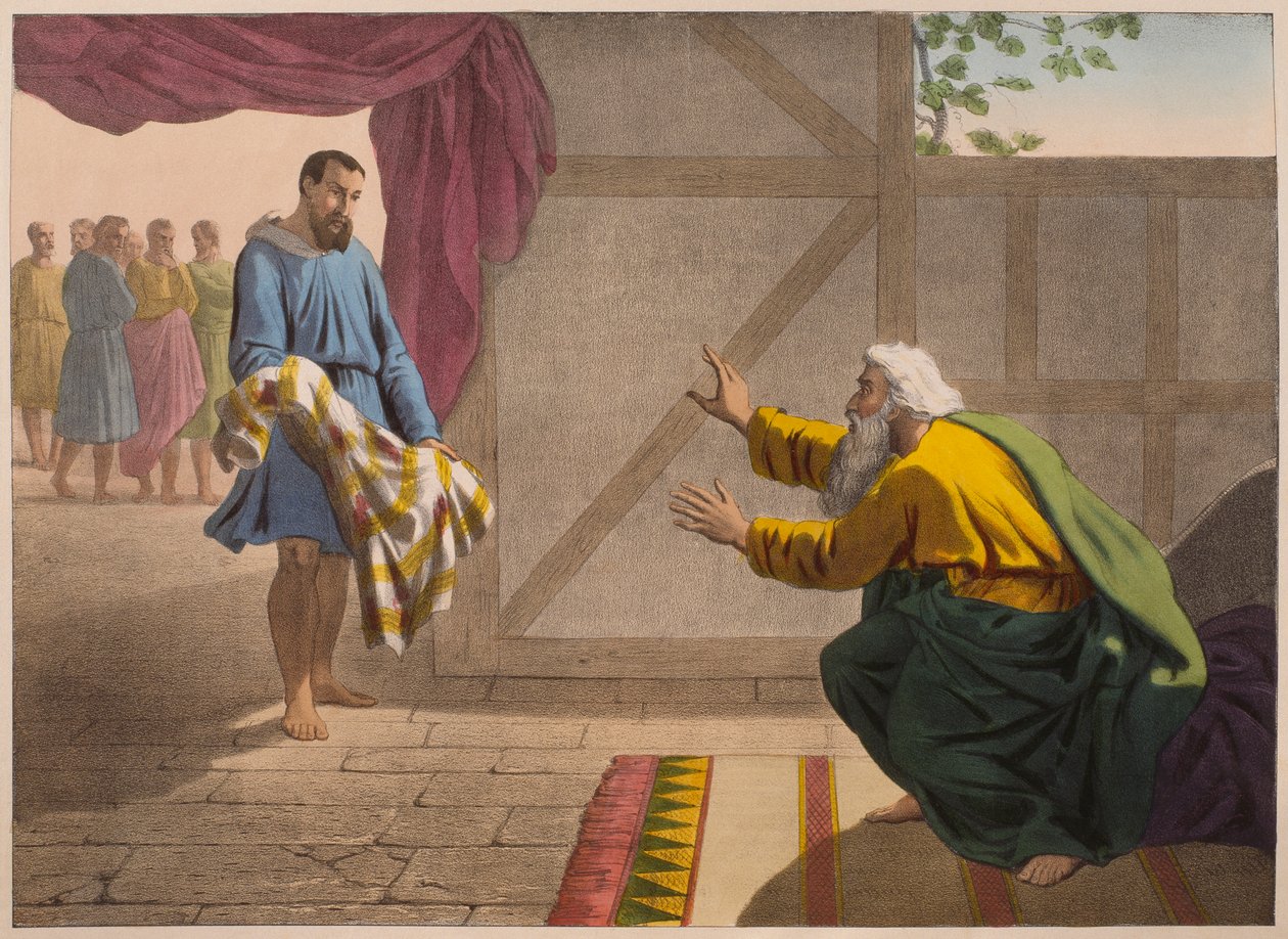 David visar för Saul en bit av sina kläder, illustration från en katekes 