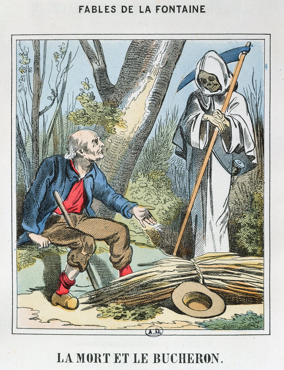 Death and the Woodman (färgad gravyr) av French School