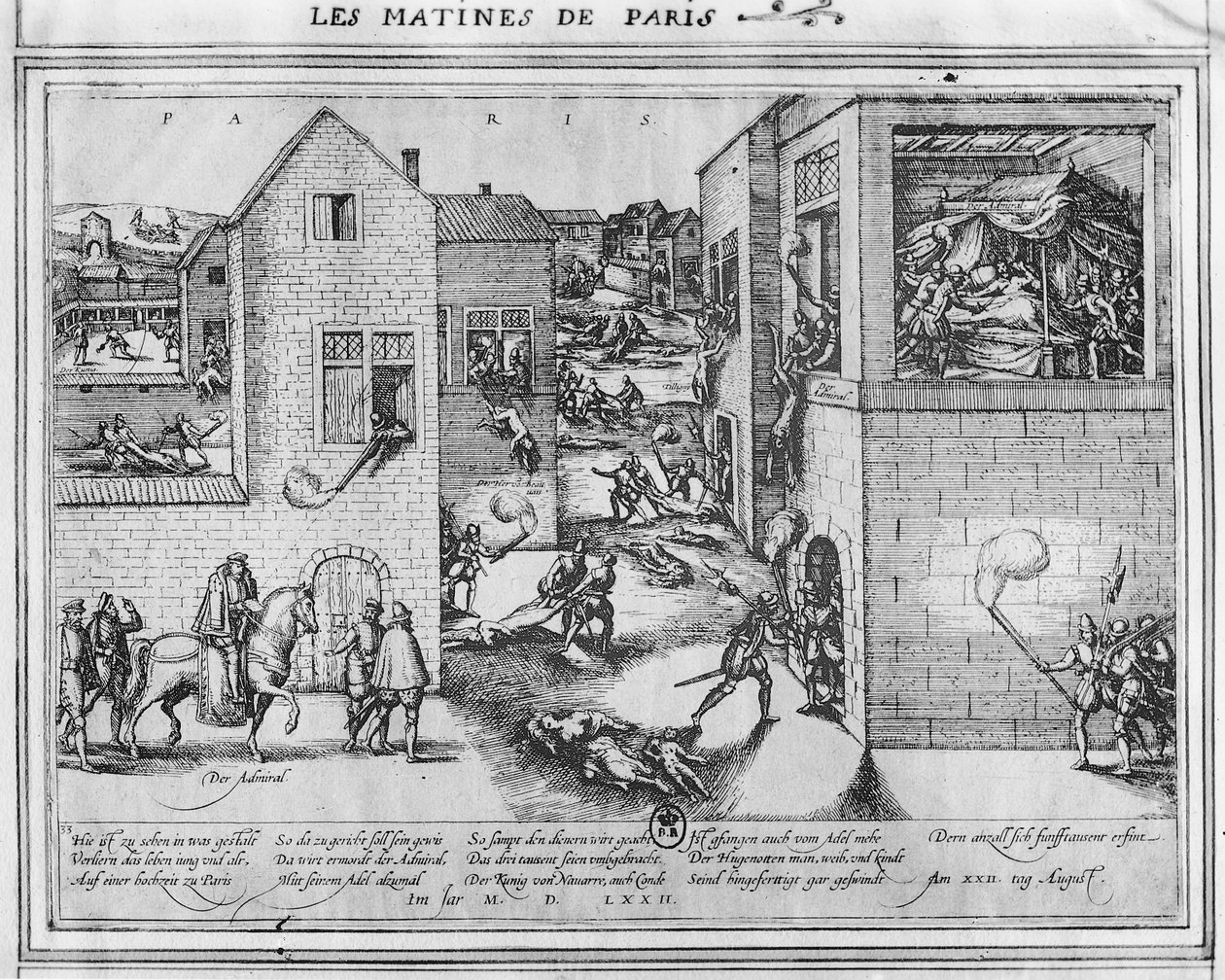 Amiral Gaspard II de Colignys (1519-72) död vid tiden för St. Bartolomeus-massakern 1572 (se 187818 för färg) av French School