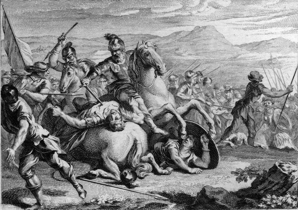 Alarik II:s död, 507: Clovis I (465-511), frankernas kung, dödade Alarik II (484-507), västgoternas kung, i slaget vid Vouille 507. Gravyr från 1700-talet. av French School