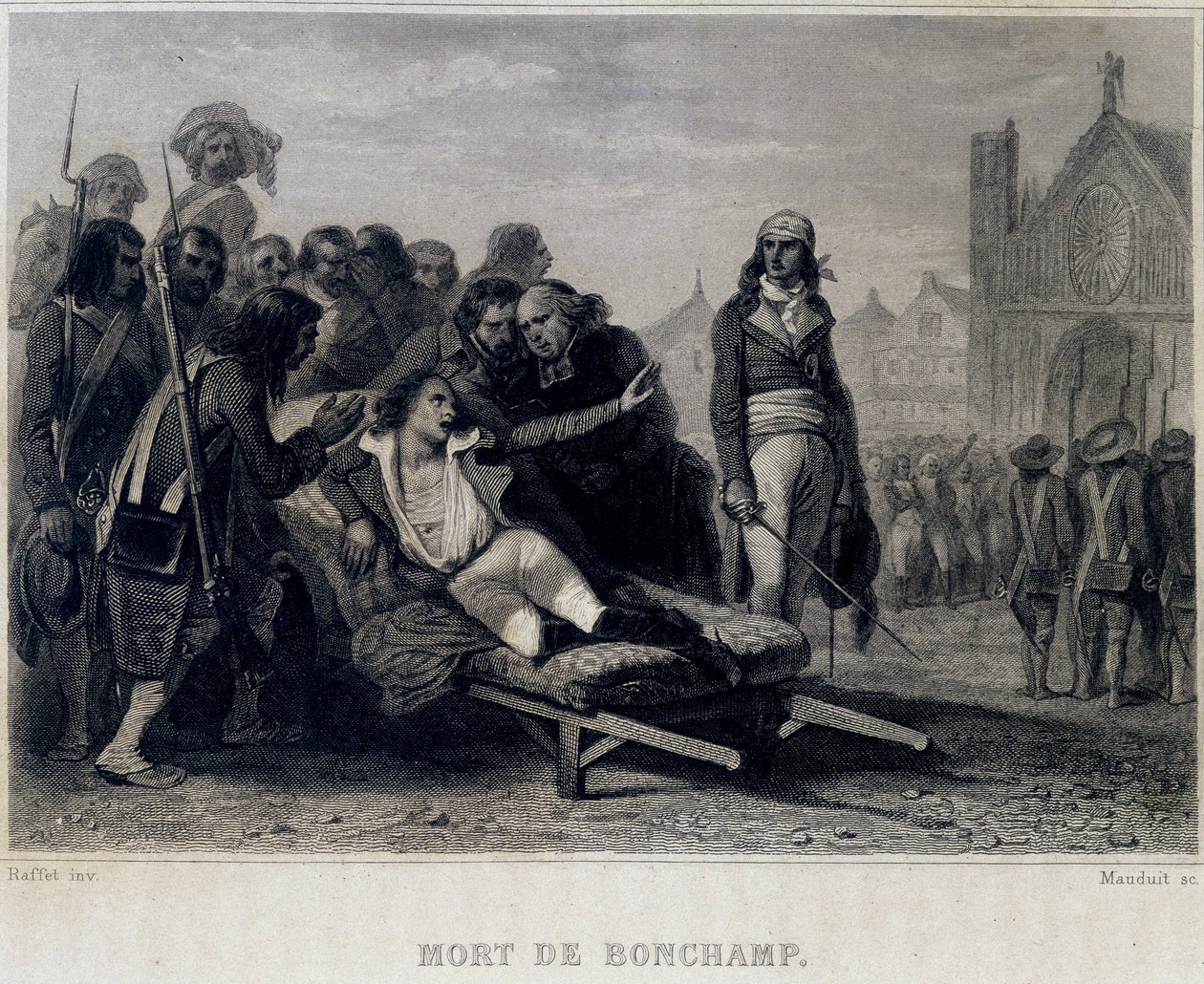 Death of Bonchamp ou Bonchamps (1793) - i "" Revolution francaise"" av Thiers. 1800-talet av French School