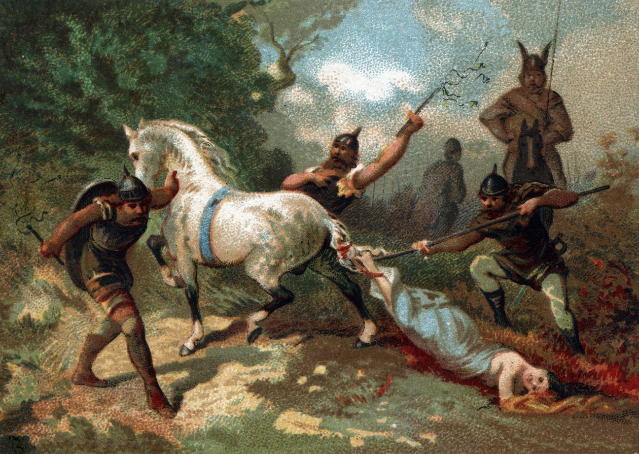 Brunehauts (eller Brunehildes) död (bunden till svansen på en okuvlig häst) beställd av Clotaire II (613). Kromolitografi sent 1800-tal. av French School