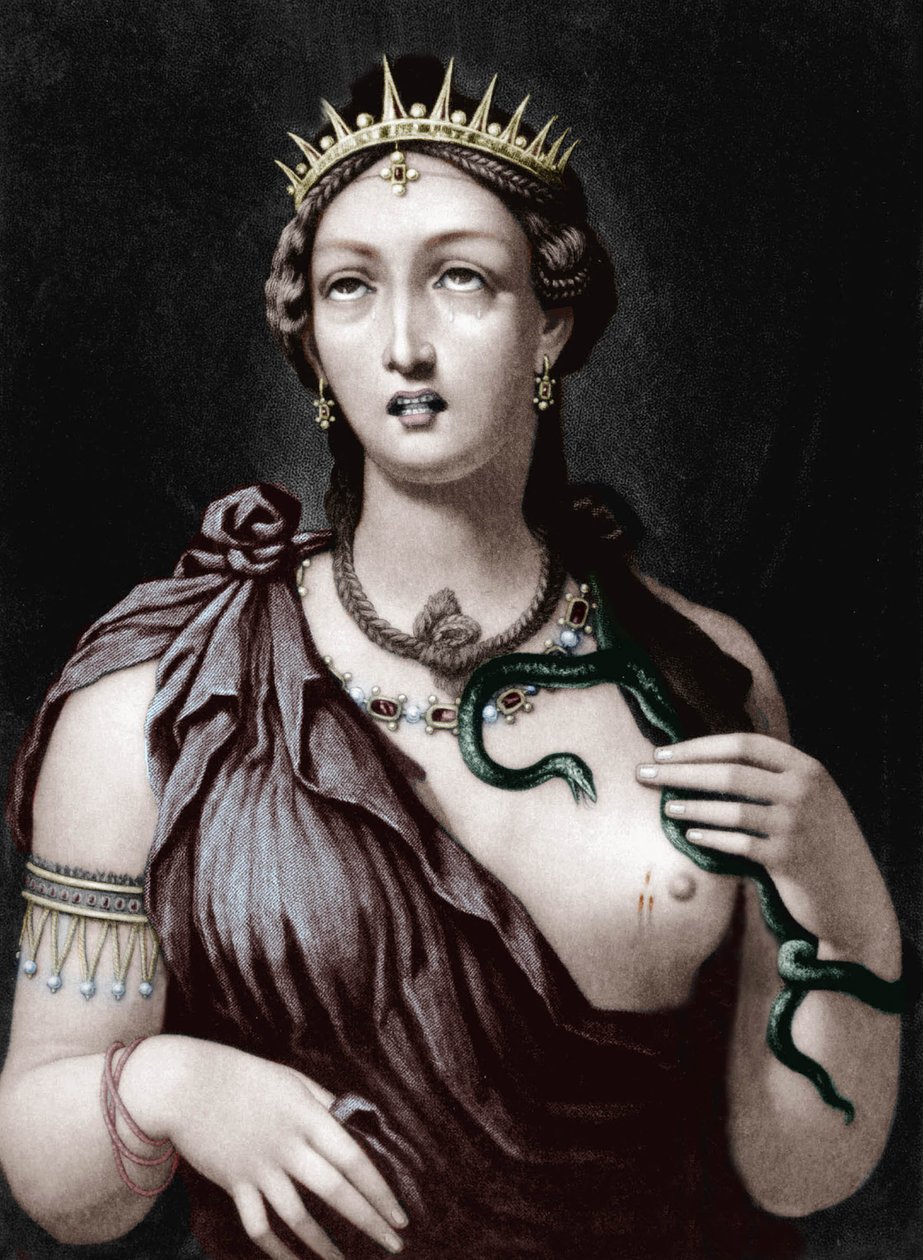 Död av Cleopatra VII, makedonsk drottning av Egypten (färgad gravyr) av French School