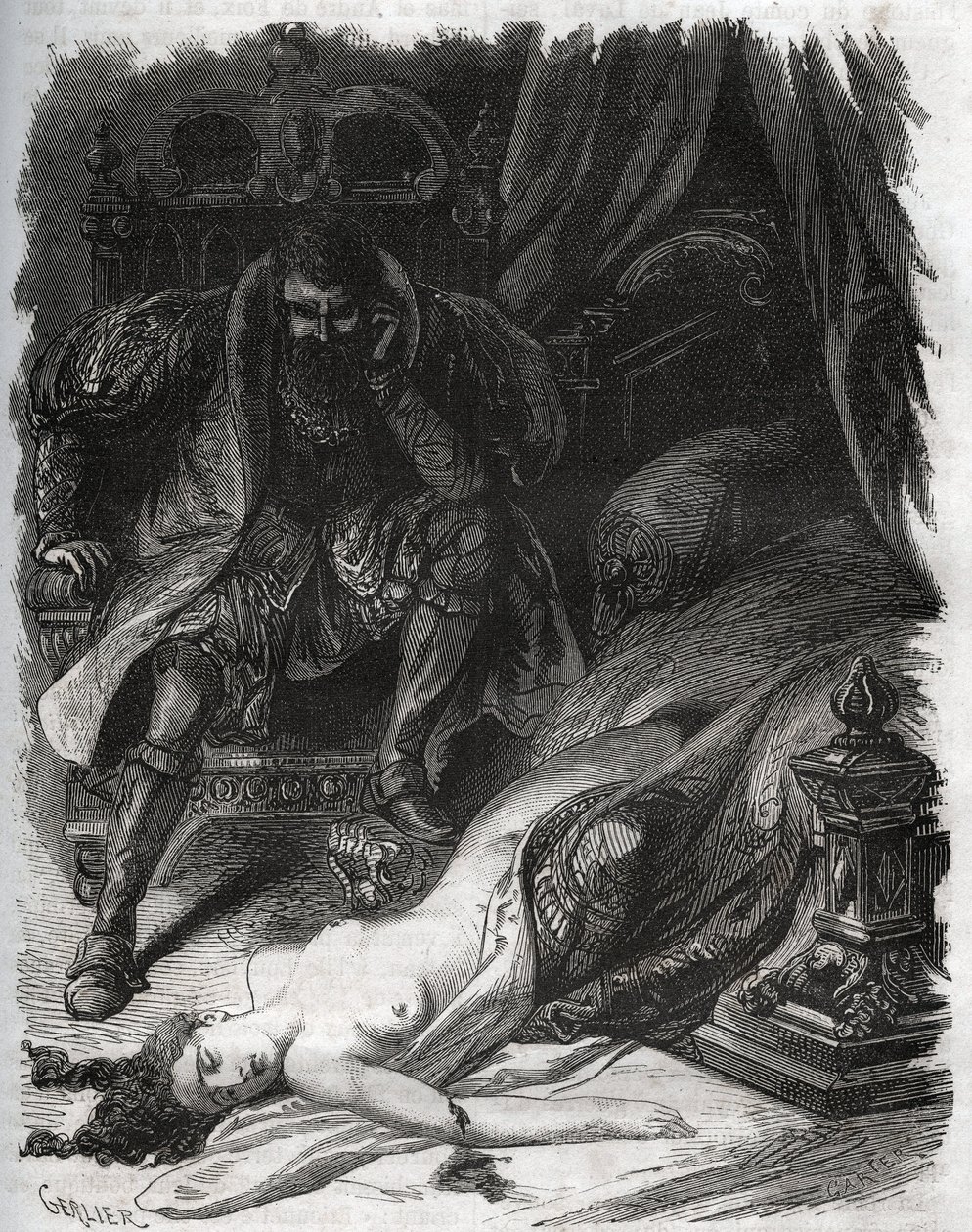 Död av Francoise de Foix, grevinna av Chateaubriant (ca 1495-1537), mördad av sin man Jean de Laval Comte de Chateaubriant (Laval-Chateaubriant) (1486-1543), som därmed tog hämnd på sin hustrus otrogna. Gravyr från 1871 i ”Histoire Des av French School
