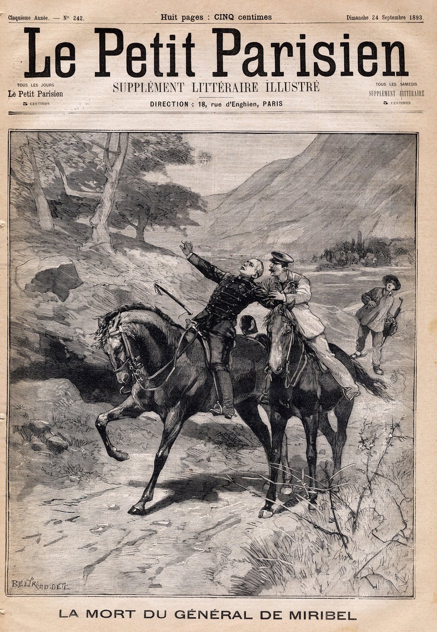 General Marie Joseph Francois de Miribels (1831-1893) död efter en apopleksikris när han återvände från en inspektion i Alperna. En av tidningarna "Le Petit Parisien"" den 24/09/1893. av French School