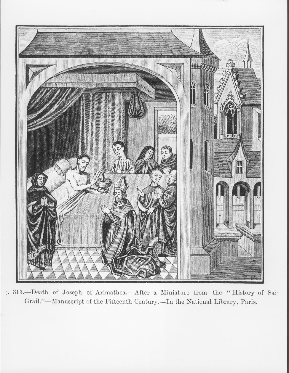 Josephs död av Arimathea, från Saint Graals historia, illustration från vetenskap och litteratur under medeltiden och renässansen, skriven och graverad av Paul Lacroix, 1878 ( av French School