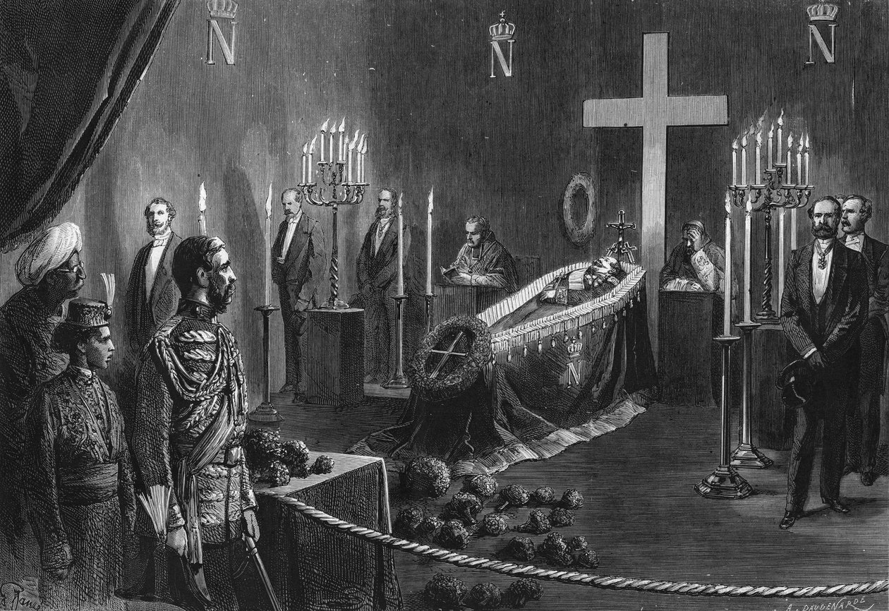 Napoleon III:s död: kvarlevorna av Napoleon III i det brinnande kapellet i Camden House den 14 februari 1873. av French School