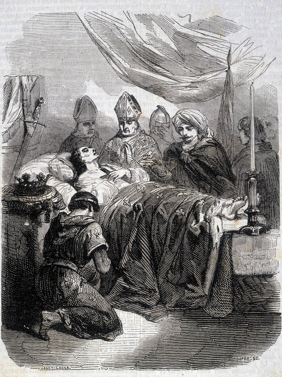 Saint Louis död i Palestina 1270 - i "" Histoire de France"" av L.-P. Anquetil av French School