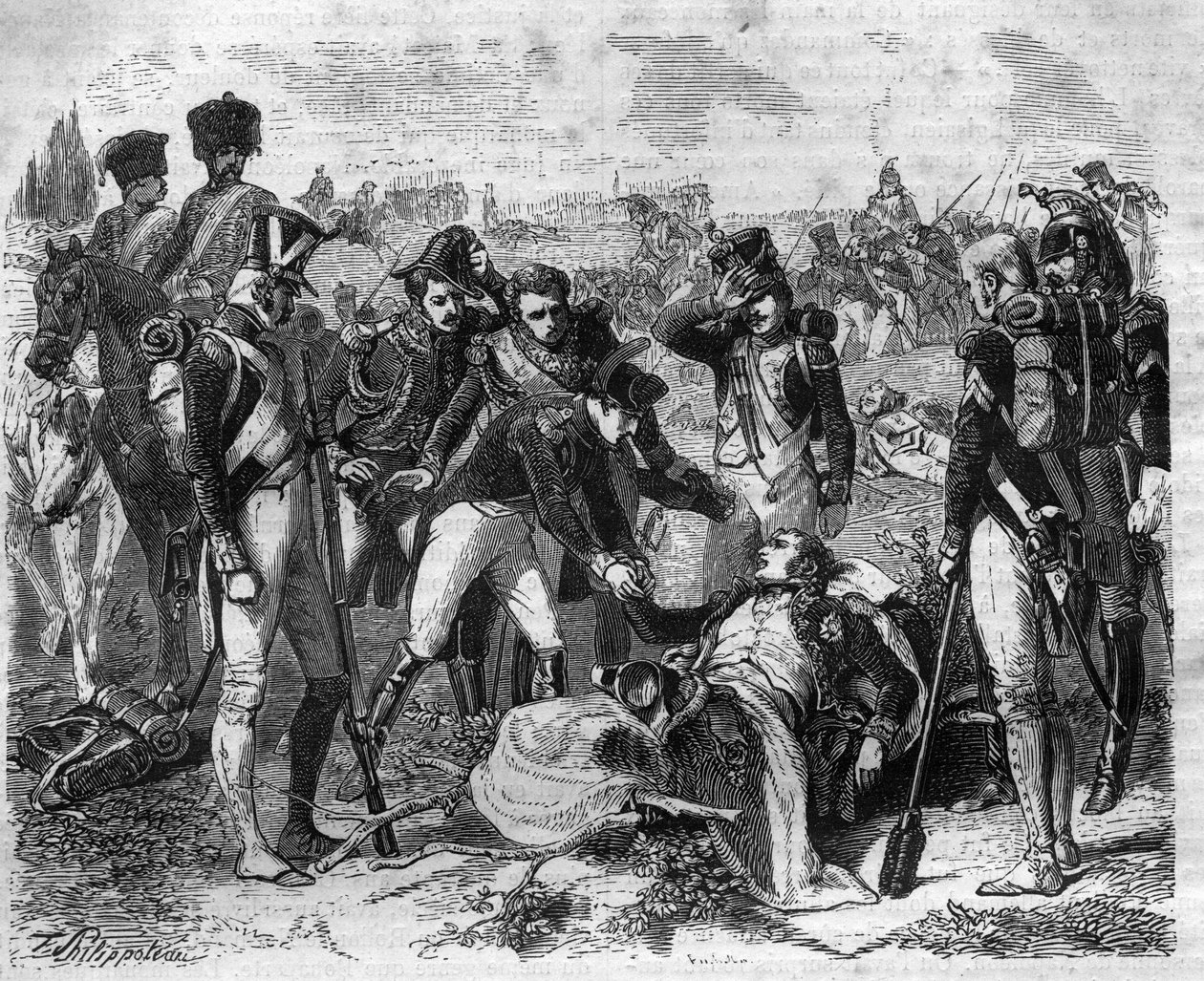 Död av marskalk Jean Lannes (1769-1809), marskalk av imperiet i Essling. Gravyr i "Historien om påvarna-kungarna-drottningarna och kejsarna genom århundradena"" av Maurice Lachatre av French School