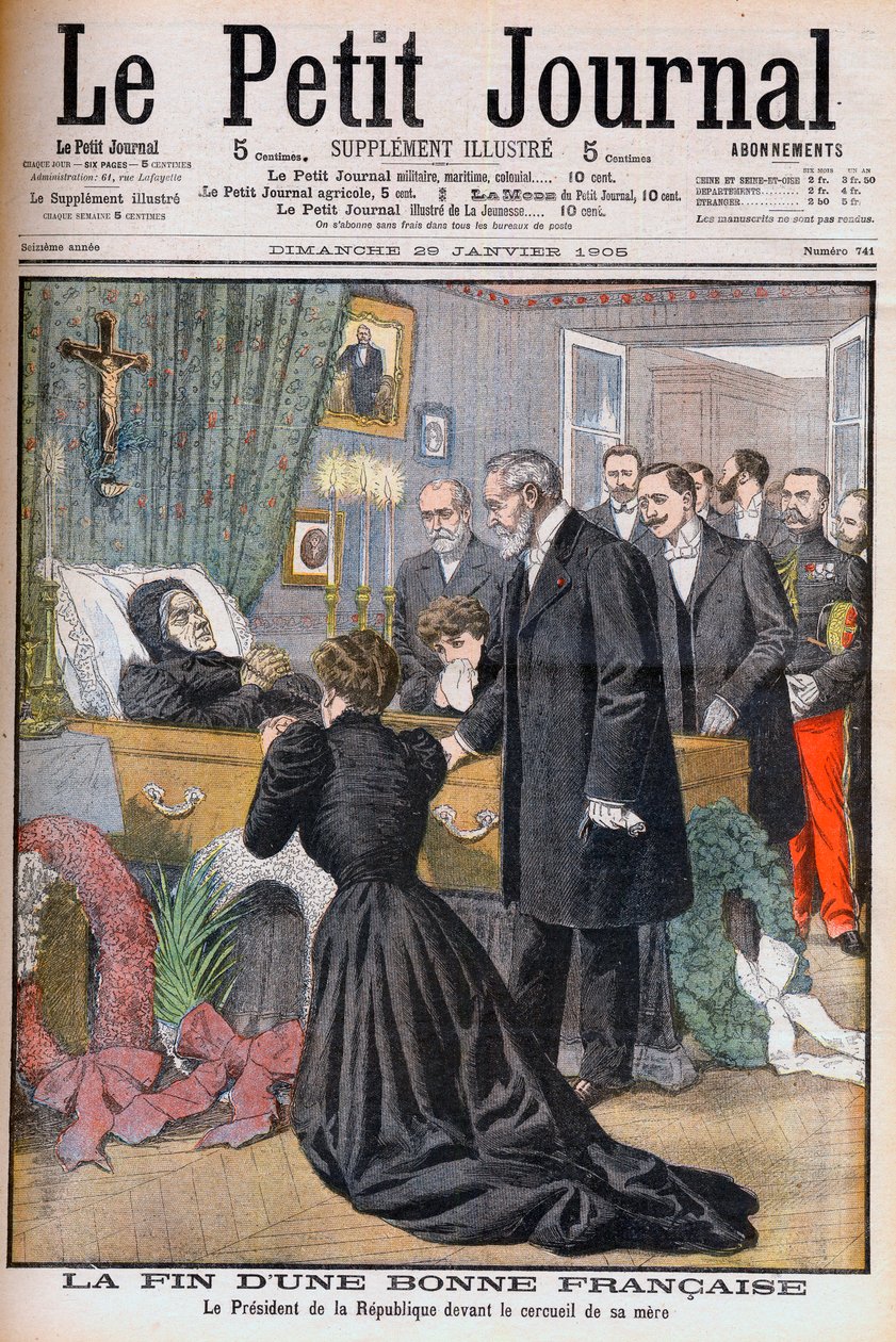 Moder till Frankrikes president Loubets död. Slutet på en bra fransyska. Republikens president framför sin mors kista. Illustration för Le Petit Journal, 29 januari 1905 (gravyr) av French School
