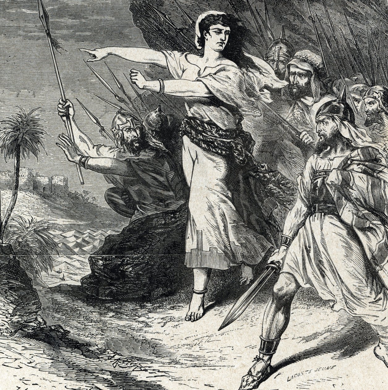 Debora leder Israels folk som förtryckts av Jabin, Kanaans kung, att slåss. Gravyr från "Helig historia" av Lahure 1800-tals privatsamling av French School