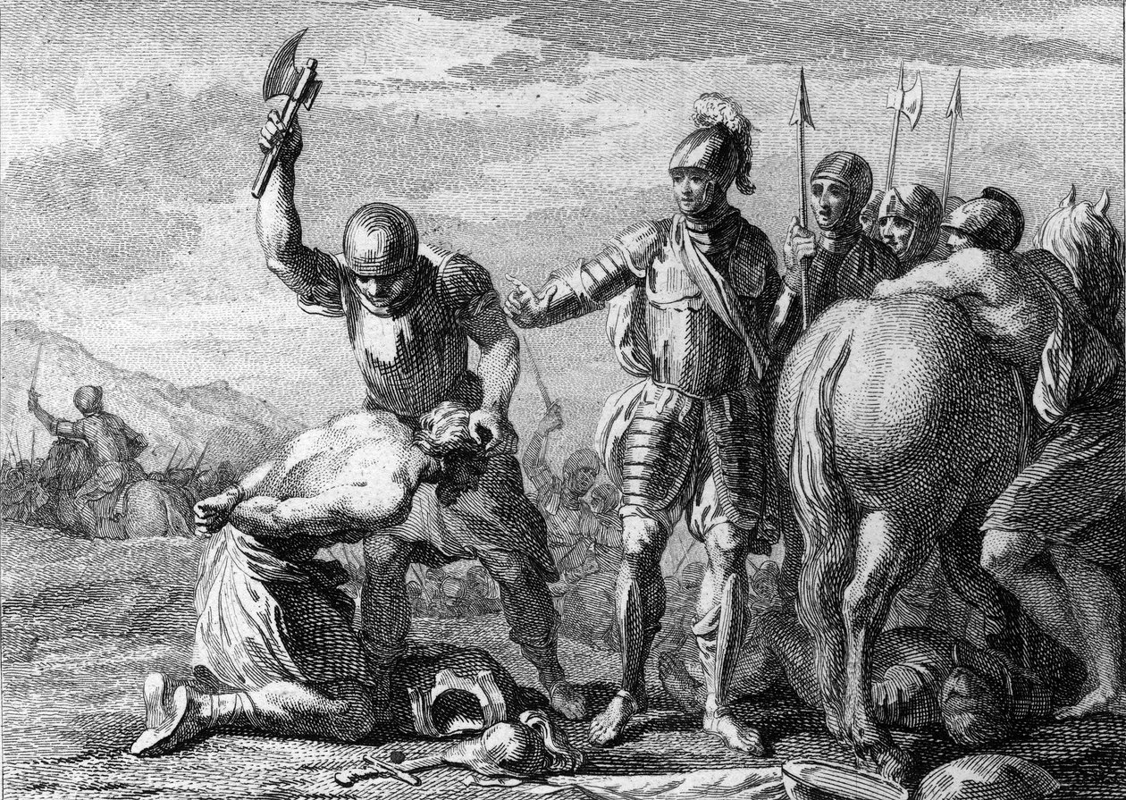 Halshuggning av Syagrius, 486: avrättning av den romerske generalen Siagrius (430-486) besegrad i slaget vid Soissons av trupperna från Clovis 1. Gravyr från 1700-talet. av French School