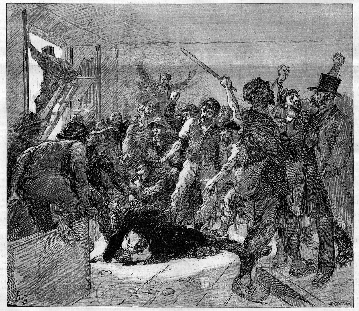 Decazeville (Aveyron) gruvarbetare strejker 1886: ingenjören Watrin mördades av grevisterna. Gravyr i "" Le Monde Illustré", 6 februari 1886. av French School