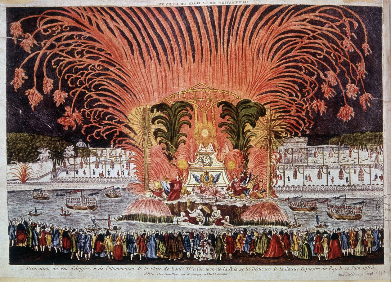 Utsmyckning av fyrverkerier och belysning av Place de Louis XV med anledning av freden och invigningen av ridstatyn av kungen den 22 juni 1763 av French School
