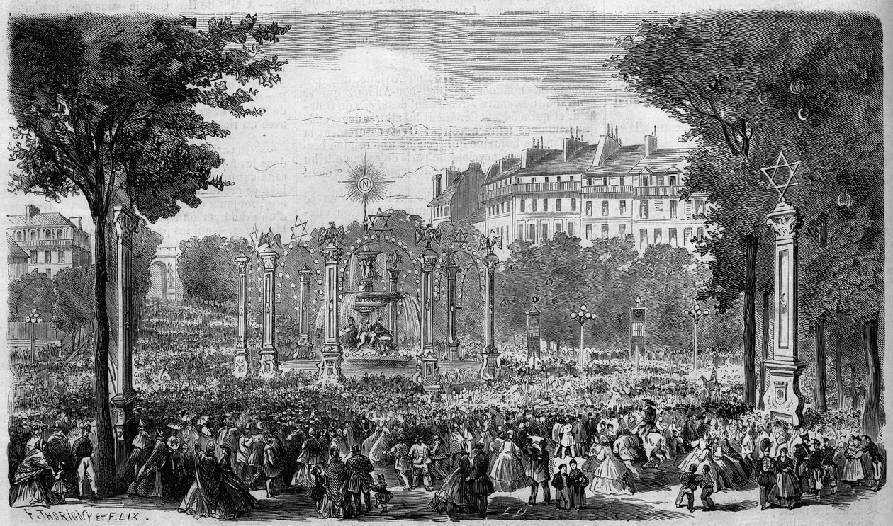Utsmyckning av Rond Point des Champs Elysees i Paris för högtiden den 15 augusti av French School