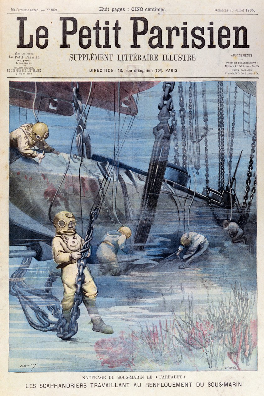 Djuphavsdykare som försöker höja Farfadet, från Le Petit Parisien, 23 juli 1905 av French School