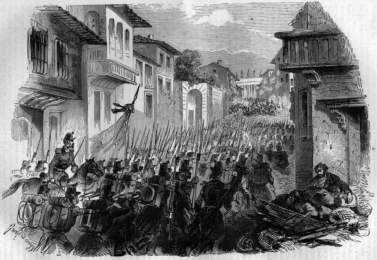 Försvar av Rom mot den franska armén. General Oudinot intog Rom i slaget vid Janicule den 30 juni 1849 och jagade revolutionärerna i juli för att svara påve Pius IX. Gravyr i "Histoire des Papes-Rois-Queen and Empereurs a travers les centur av French School
