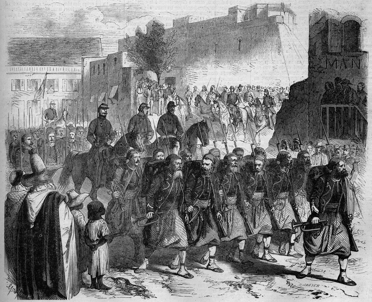 Besudla de 2:a Zouaverna, tillbaka från Kabylie, framför General de Montauban. Oran, Algeriet av French School