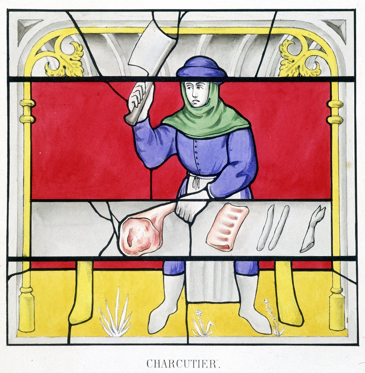 Delikatess. Faksimil av ett målat glas från medeltiden i "Histoire de la peinture sur verre"" av Ferdinand de Lasteyrie av French School