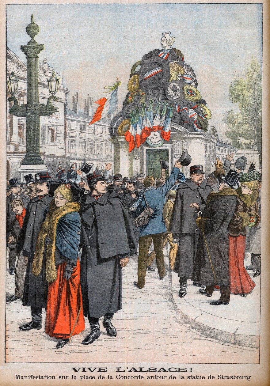 Demonstration som kräver att Alsace ska återlämnas till Frankrike. Demonstranter kring statyn av Strasbourg på Place de la Concorde i Paris. Länge leve Alsace! Demonstration på Place de la Concorde runt statyn av Strasbourg. Illustration för "L av French School
